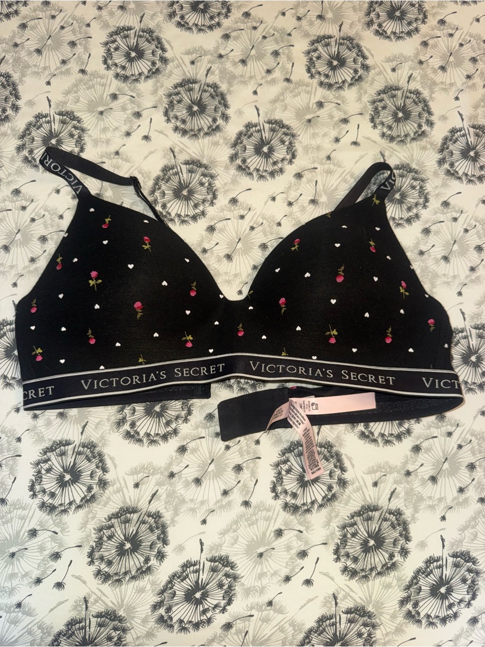 Victoria's Secret Black Floral Wireless Bralette with Pink Rose Accents